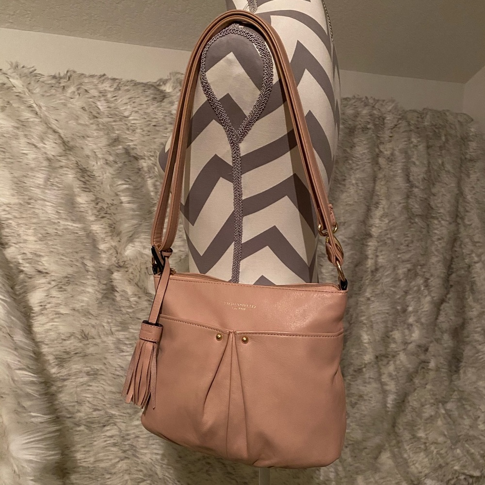 Tignanello Muted Pastel Pink Leather Shoulder Crossbody Bag Zip Top Purse